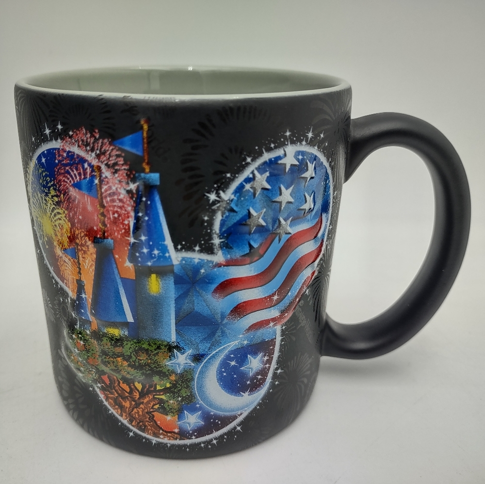 Vintage Walt Disney World Black Coffee Mug 3D Mickey American Flag Fireworks